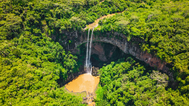Aerial view of Chamarel waterfall in tropical jungle Mauritius