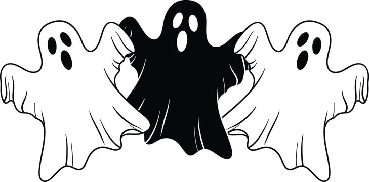 Black and white ghostly figures a spooky halloween illustration