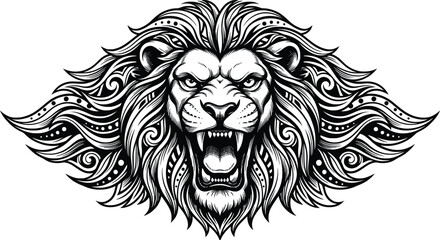 Fototapeta premium Roaring Lion Head Vector Illustration, Black and White, Tribal Art