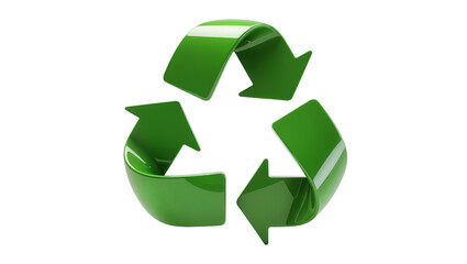 Obraz premium Vibrant green glossy three-dimensional recycling symbol with smooth reflective surface, isolated on transparent background for ecological sustainability