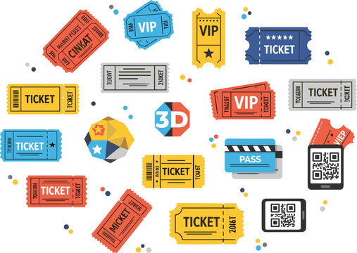Colorful Ticket Collection Featuring VIP, 3D, Cinema, Event Pass, and QR Code for Entertainment and Event Design Illustrations