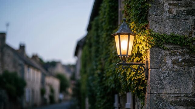 Street lantern illuminating at dusk on ivy-covered stone wall. Evening light sequence in historic european village architecture. Atmospheric outdoor twilight scene with gradual glow.
