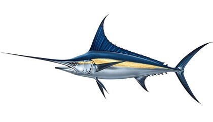 Naklejka premium A magnificent blue marlin with its distinctive long spear-like bill and large dorsal fin stands ready.