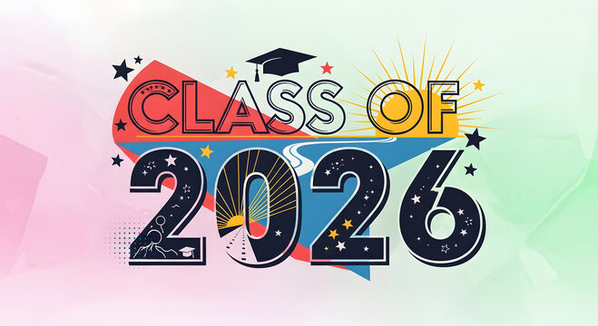 A colorful graphic design celebrating the Class of 2026 with a graduation cap and stars