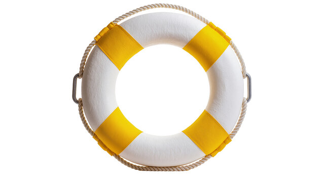 White yellow lifebuoy with rope isolated on transparent background, for help
