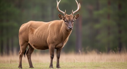 Fototapeta premium Majestic stag with impressive antlers stands alert in a sunlit forest clearing.