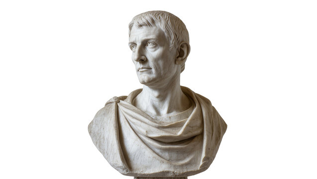 Ancient Roman marble bust of Emperor Augustus looking right, isolated on transparent background for historical projects