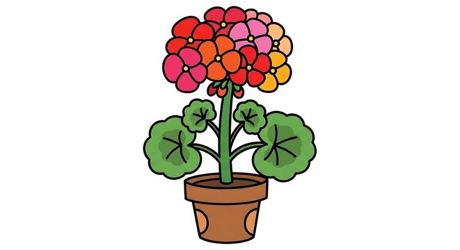 Colorful geranium plant in a brown pot with vibrant flowers and green leaves