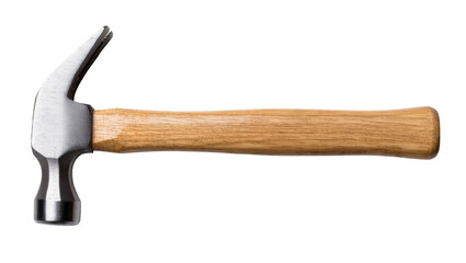 Polished steel claw hammer with a wooden handle, isolated on transparent background for repairs