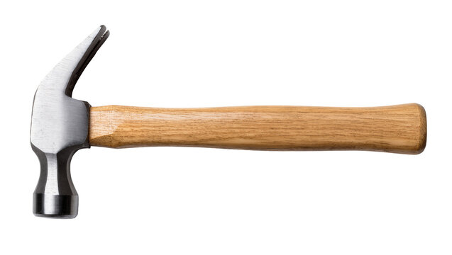 Polished steel claw hammer with a wooden handle, isolated on transparent background for repairs