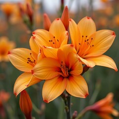 Fototapeta premium A group of orange flowers grows in a garden filled with greenery. The flowers bloom brightly, reaching up to the sunlight, surrounded by more plants, creating a lively scene Generative AI