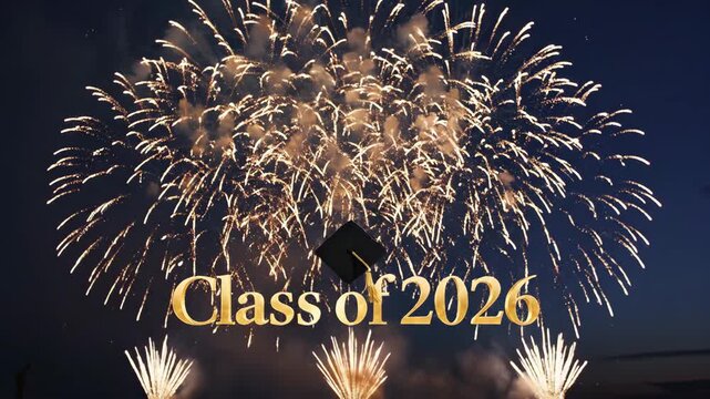 Graduation celebration with fireworks illuminating the night sky, featuring a graduation cap and the text "Class of 2026" prominently displayed in golden letters