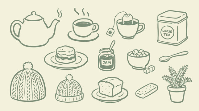 Tea Time Objects Collection with Scones, Cake, Jam and and Hat
