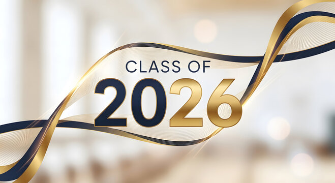 A graphic design element celebrating the Class of 2026 with a gold and black ribbon
