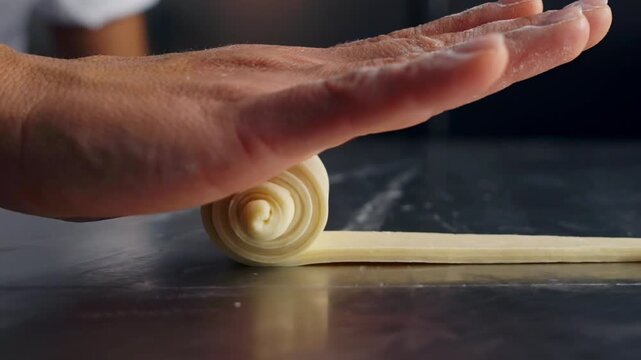 Close-up cinematic shot of a pastry chef rolling raw dough to make croissants or Italian cornetto. Texture and technique highlighted in soft lighting