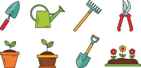 Gardening Tools and Plants Icons Set Featuring Trowel, Watering Can, Rake, Pruning Shears, Pots, Flowers, and Shovel for Garden Care, Horticulture, and Outdoor Design