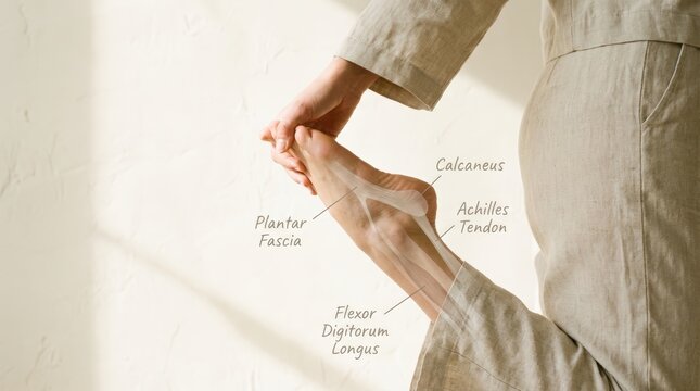 Foot Anatomy Stretch with Labeled Tendons and Bones on Neutral Background