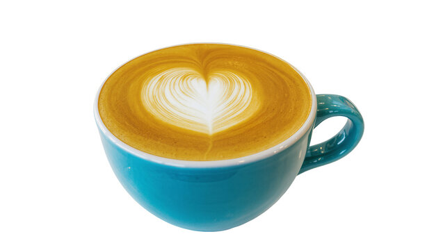 Hot latte with heart foam in a teal cup, isolated on transparent background