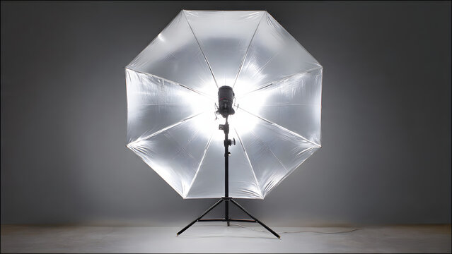 A studio lighting setup featuring a large octagonal softbox umbrella with a light source inside, mounted on a tripod against a grey backdrop.