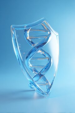 Minimal Render of Transparent DNA Helix Transforming Into Protective Shield Shape on Soft Cobalt Gra