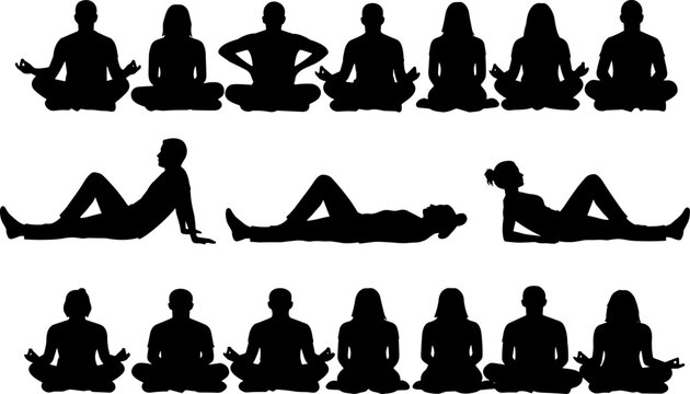 Silhouettes of people sitting cross-legged and reclining, meditation and relaxation postures, yoga lifestyle illustration, mindfulness practice concept design