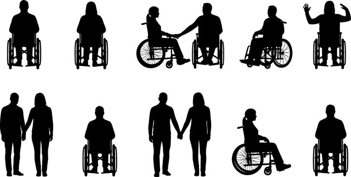 Inclusive silhouettes of people with wheelchairs, standing figures, human connection, accessibility, diversity, companionship, disability support, equality, friendship, communication, teamwork, empath