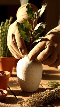 Person arranging green plant in white vase on wooden table with gardening tools and pots in background, for decoration or interior design use