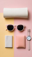 Obraz premium Flat Lay of Blank Sunglasses Case, Neutral Watch, and Parcel on Pastel Background with Bottom Copy S