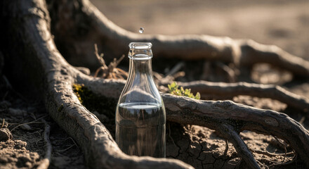 Fototapeta premium Glass bottle with water placed beside tree roots in natural setting 