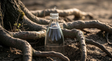 Fototapeta premium Bottle of fresh water placed by tree roots in natural setting 