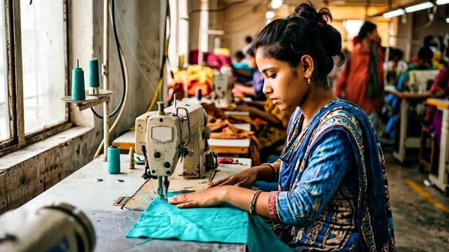 Young woman sewing turquoise fabric at industrial machine in busy garment factory