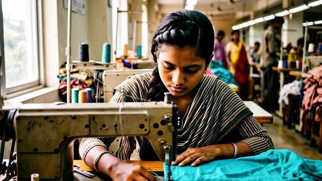 Young woman sewing turquoise fabric at industrial machine in busy garment factory