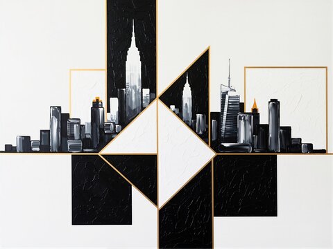 Modern geometric New York skyline abstract black white gold artwork