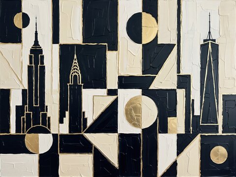 Abstract geometric New York skyline painting with black white gold design