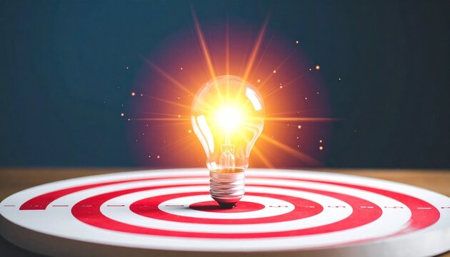 Light bulb glowing target concentric circles idea innovation focus