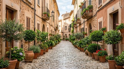 Fototapeta premium Cobblestone street lined with potted plants in historic village 