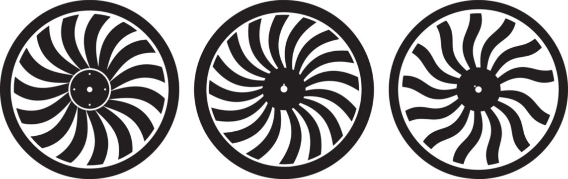 Three black and white circular turbine fan blade patterns with spiral designs on a white background