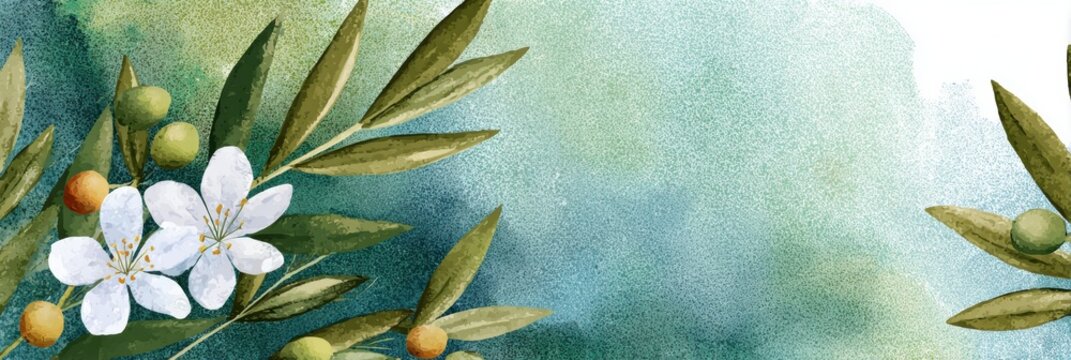 botanical postcard, watercolor postcard template with hand-painted olive branches, lilies, and spacious copy area in pastel colors