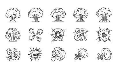 Cartoon explosion effects icon set black and white comic smoke blast and impact symbols vector © SHAHADAT