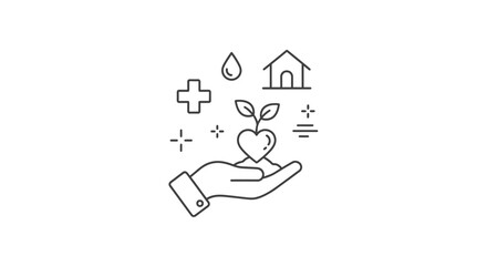 Fototapeta premium Caring hand holding heart-shaped green plant with health and community icons, isolated white background.