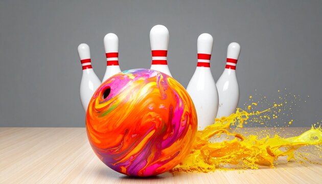 Bowling ball hitting pins colorful splash dynamic motion