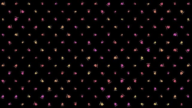 Animated Seamless Loop Pattern Of Rotating Multicolored Fleuron Heart Symbols On A Black Background, 4K