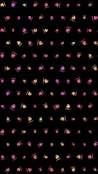 Animated Seamless Loop Pattern Of Rotating Multicolored Fleuron Heart Symbols On A Black Background, 9:16 Vertical Video