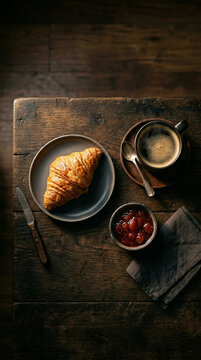 Rustikales Fr&uuml;hst&uuml;ck mit Croissant, Kaffee und Erdbeermarmelade