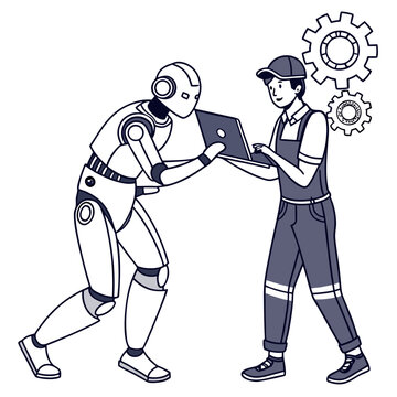 Robot and man working together on laptop with gears on white background