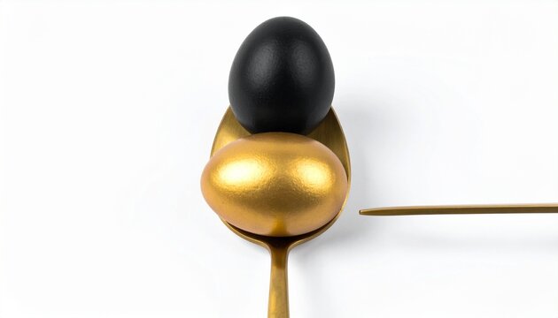 Black egg resting on gold egg with golden spoon