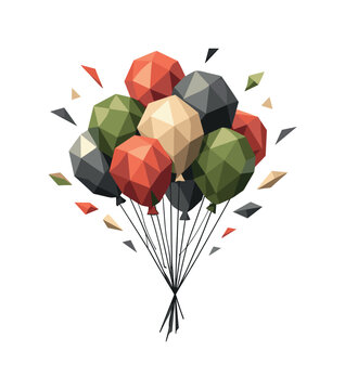 Polygon Balloon Ascension. Low-poly vector illustration focused on balloon bunch lift, cluster of faceted balloons rising upward