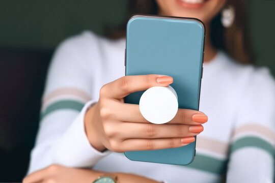 Woman holding blue phone with white pop socket mockup, ai generated. Empty circle glue button on smartphone for hold mock up. Mobile cover with adhesive popgrip template.