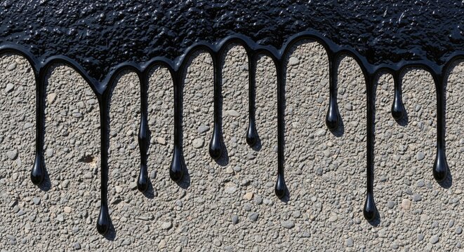 Thick black viscous fluid like tar or oil flowing down over a gray stone texture.