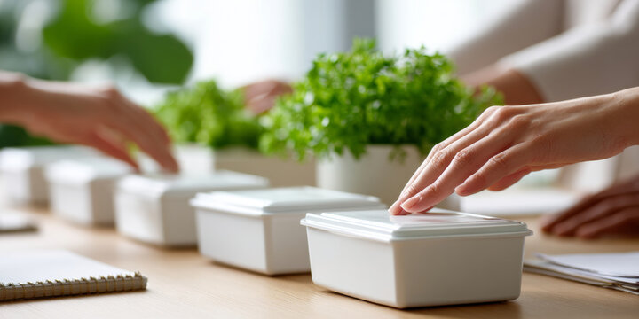 People participating in a sensory evaluation test with white containers and fresh herbs on a wooden table indoors